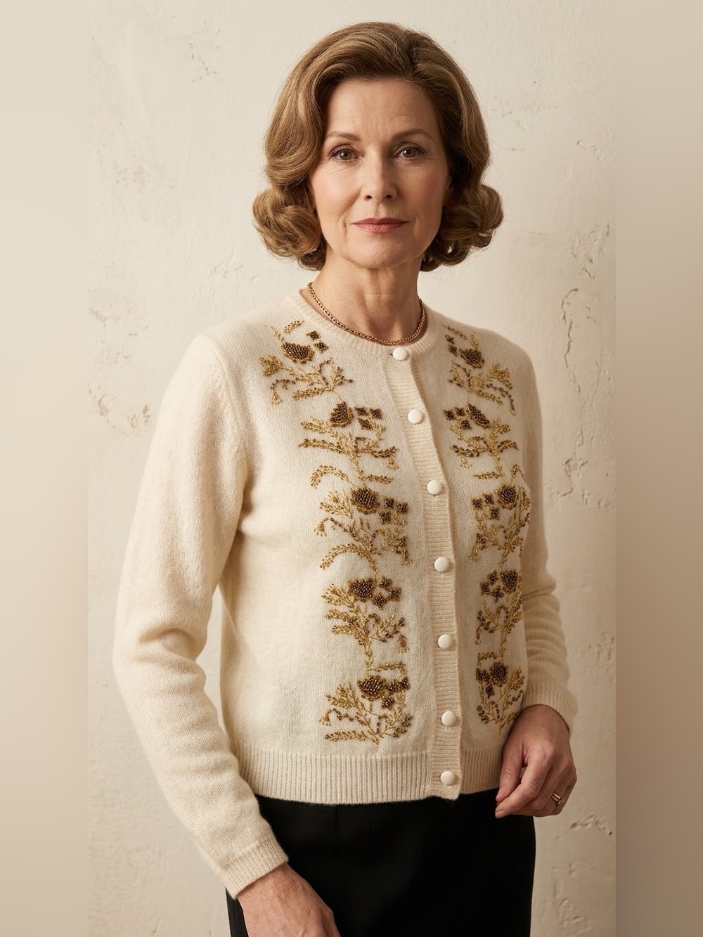 Lauren Cole Cream Floral Embroidered Button-Front Sweater Cardigan wool, rabbit
